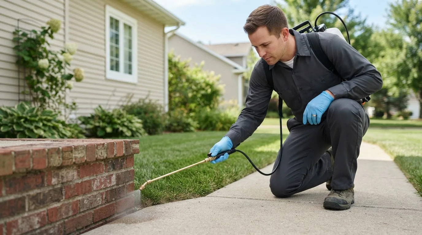 Pest control technician treating a home near Girard, KS